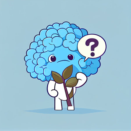 cute hydrangea flower cartoon character with questions sign over head, cartoon style, modern simple illustrationの写真素材
