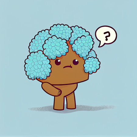 cute hydrangea flower cartoon character with questions sign over head, cartoon style, modern simple illustrationの写真素材