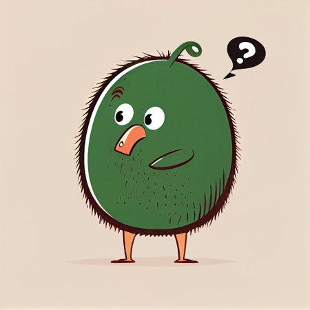 cute kiwi cartoon character with questions sign over head, cartoon style, modern simple illustrationの写真素材