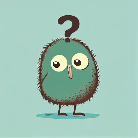 cute kiwi cartoon character with questions sign over head, cartoon style, modern simple illustrationの写真素材