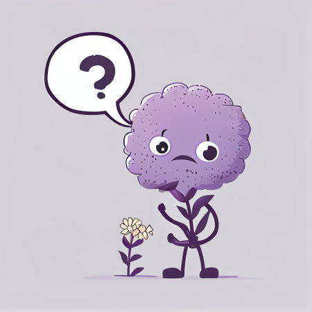 cute lavender flower cartoon character with questions sign over head, cartoon style, modern simple illustrationの写真素材