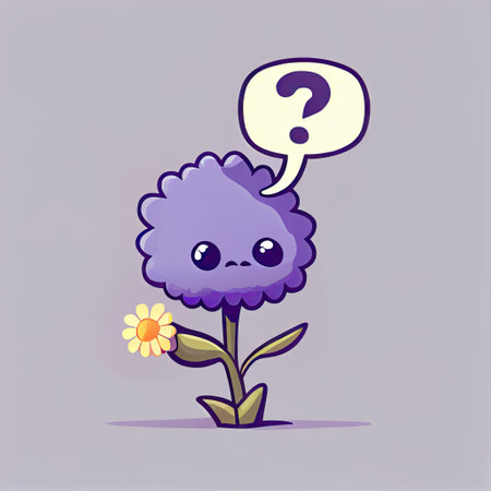cute lavender flower cartoon character with questions sign over head, cartoon style, modern simple illustrationの写真素材