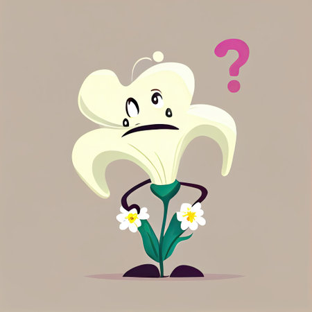 cute lily flower cartoon character with questions sign over head, cartoon style, modern simple illustrationの写真素材