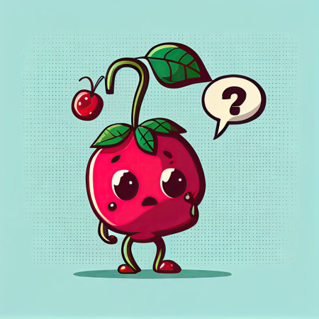 cute lingonberry cartoon character with questions sign over head, cartoon style, modern simple illustrationの写真素材