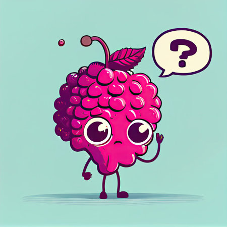 cute loganberry cartoon character with questions sign over head, cartoon style, modern simple illustrationの写真素材