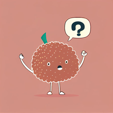 cute lychee cartoon character with questions sign over head, cartoon style, modern simple illustrationの写真素材