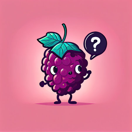 cute marionberry cartoon character with questions sign over head, cartoon style, modern simple illustrationの写真素材
