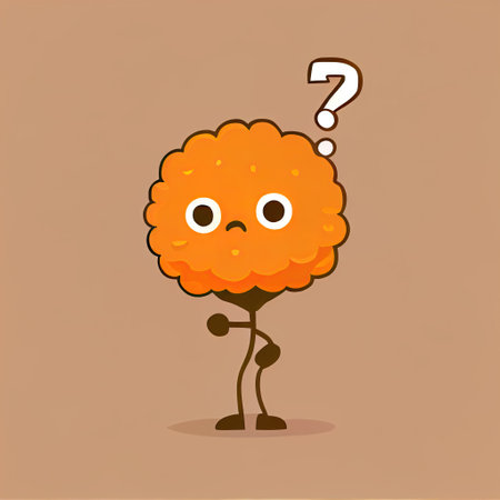 cute marigold flower cartoon character with questions sign over head, cartoon style, modern simple illustrationの写真素材