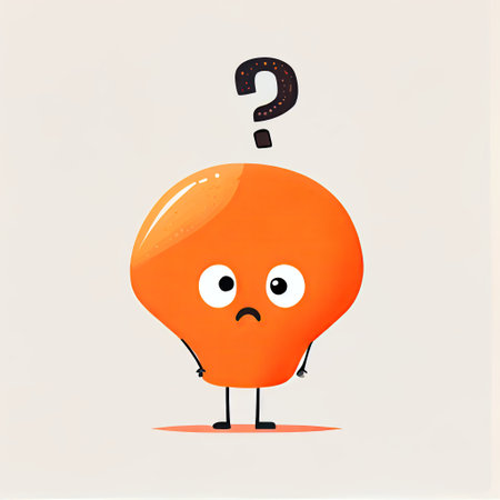 cute orange cartoon character with questions sign over head, cartoon style, modern simple illustrationの写真素材