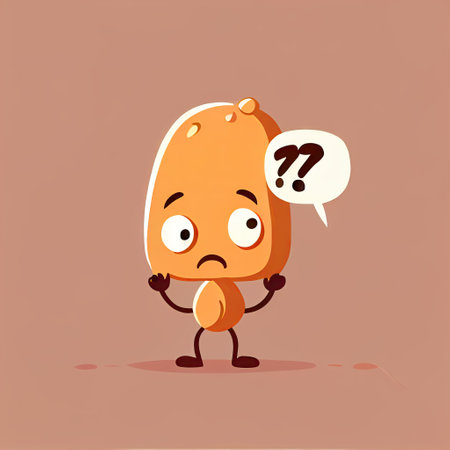 cute peanut cartoon character with questions sign over head, cartoon style, modern simple illustrationの写真素材