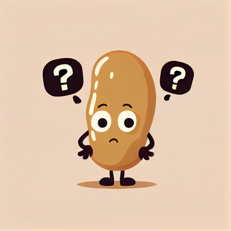 cute peanut cartoon character with questions sign over head, cartoon style, modern simple illustrationの写真素材