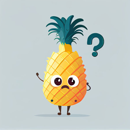 cute pineapple cartoon character with questions sign over head, cartoon style, modern simple illustrationの写真素材
