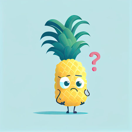 cute pineapple cartoon character with questions sign over head, cartoon style, modern simple illustrationの写真素材
