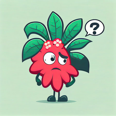 cute poinsettia flower cartoon character with questions sign over head, cartoon style, modern simple illustrationの写真素材