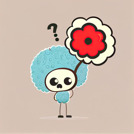 cute poppy flower cartoon character with questions sign over head, cartoon style, modern simple illustrationの写真素材