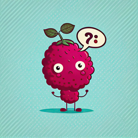cute raspberry cartoon character with questions sign over head, cartoon style, modern simple illustrationの写真素材
