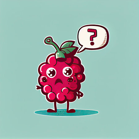 cute raspberry cartoon character with questions sign over head, cartoon style, modern simple illustrationの写真素材