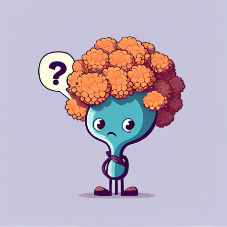 cute statice flower cartoon character with questions sign over head, cartoon style, modern simple illustrationの写真素材
