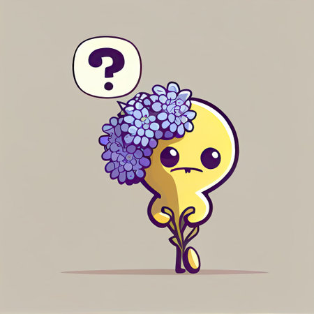 cute statice flower cartoon character with questions sign over head, cartoon style, modern simple illustrationの写真素材