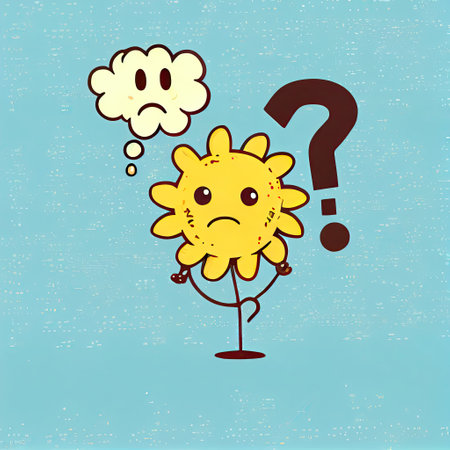 cute sun flower cartoon character with questions sign over head, cartoon style, modern simple illustrationの写真素材