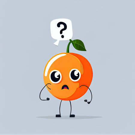 cute tangerine cartoon character with questions sign over head, cartoon style, modern simple illustrationの写真素材