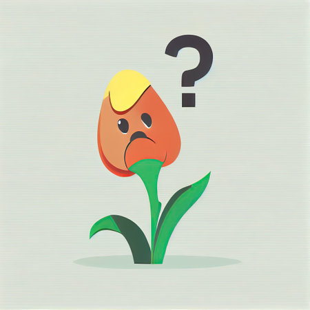 cute tulip flower cartoon character with questions sign over head, cartoon style, modern simple illustrationの写真素材