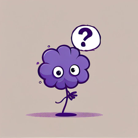 cute violet flower cartoon character with questions sign over head, cartoon style, modern simple illustrationの写真素材