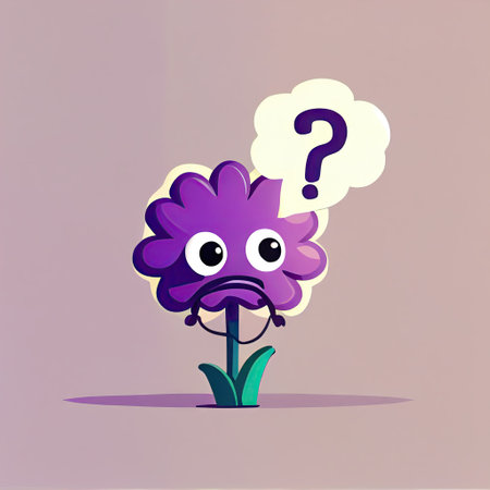 cute violet flower cartoon character with questions sign over head, cartoon style, modern simple illustrationの写真素材