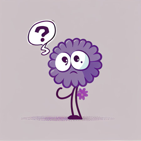 cute violet flower cartoon character with questions sign over head, cartoon style, modern simple illustrationの写真素材