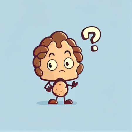 cute walnut cartoon character with questions sign over head, cartoon style, modern simple illustrationの写真素材
