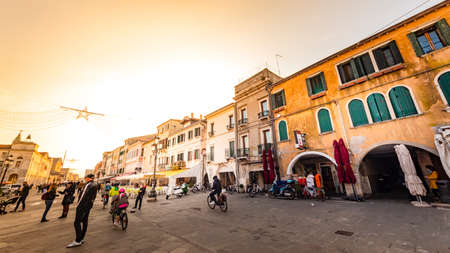 Panoramic view of the urban landscape of the center of Chioggia - near Venice - with typical ancient italian buildingsの写真素材