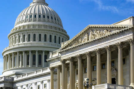 1 November 2020 Washington US - Capitol Hill in Washington DC with dome and colonnade with daylight and facade details and blue skyのeditorial素材