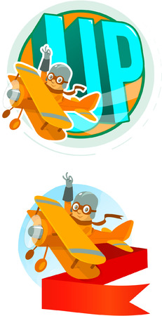 Cartoon friendly aircraft pilot in the sky waving hand  illustration banner emblemのイラスト素材