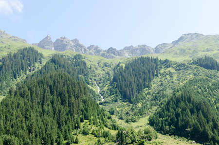 mountain range in swiss canton of grisons, sunny day, no cloudsの写真素材