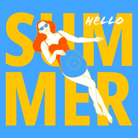 Illustration of young woman in a swimsuit is relaxing by the pool.のイラスト素材