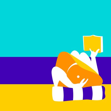 Illustration of young woman lying reading a book on the beachのイラスト素材