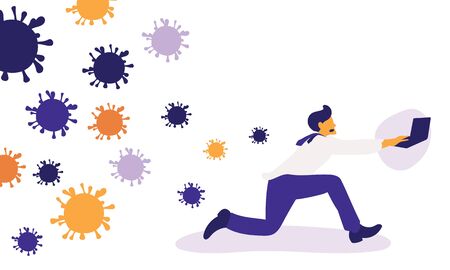 Young businessman escaped from the virus and worked. Vector illustration.のイラスト素材