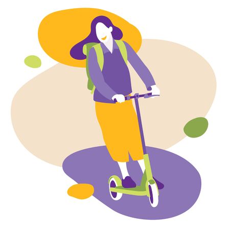 Happy young woman riding electric scooter. Vector illustration.のイラスト素材