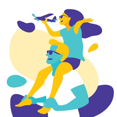 Father and child happy on the beach. Vector illustration.のイラスト素材