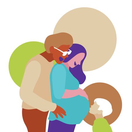 Husband hugged the pregnant wife and their son. Vector illustration.のイラスト素材