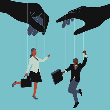 Business men and women are used to work like puppets. Vector illustration.のイラスト素材