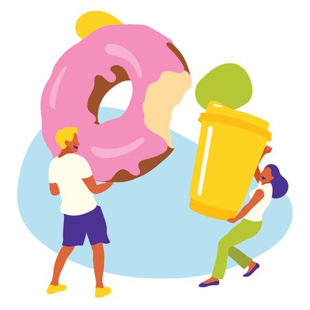 Young woman with a cup of coffee and a young man with a donutのイラスト素材