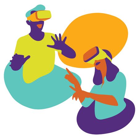 Man and woman in VR headset looking up at the objects in virtual realityのイラスト素材