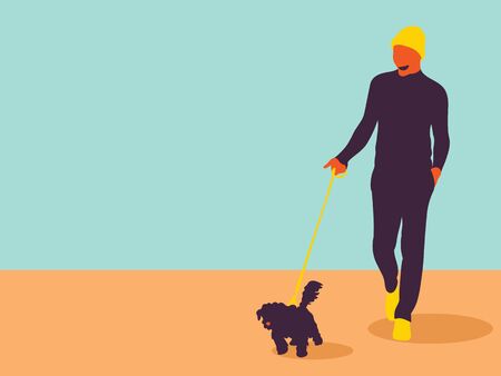 Young man took the dog for a walk happilyのイラスト素材