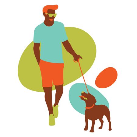 Young man took the dog for a walk happilyのイラスト素材