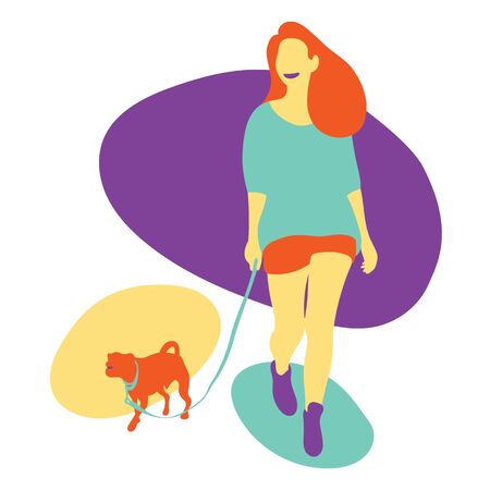 Young woman took the dog for a walk happilyのイラスト素材