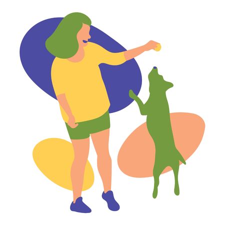 Young woman took the dog for a walk happilyのイラスト素材