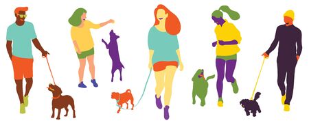 Young man and woman took the dog for a walk happilyのイラスト素材