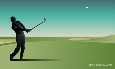 Golfclub competition poster. Template for golf competition or championship event. Blue sky and green golf field.の写真素材