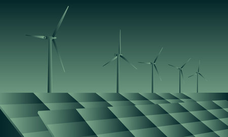 Wind turbine energy generaters on wind farm, with solar panels underneath.の写真素材
